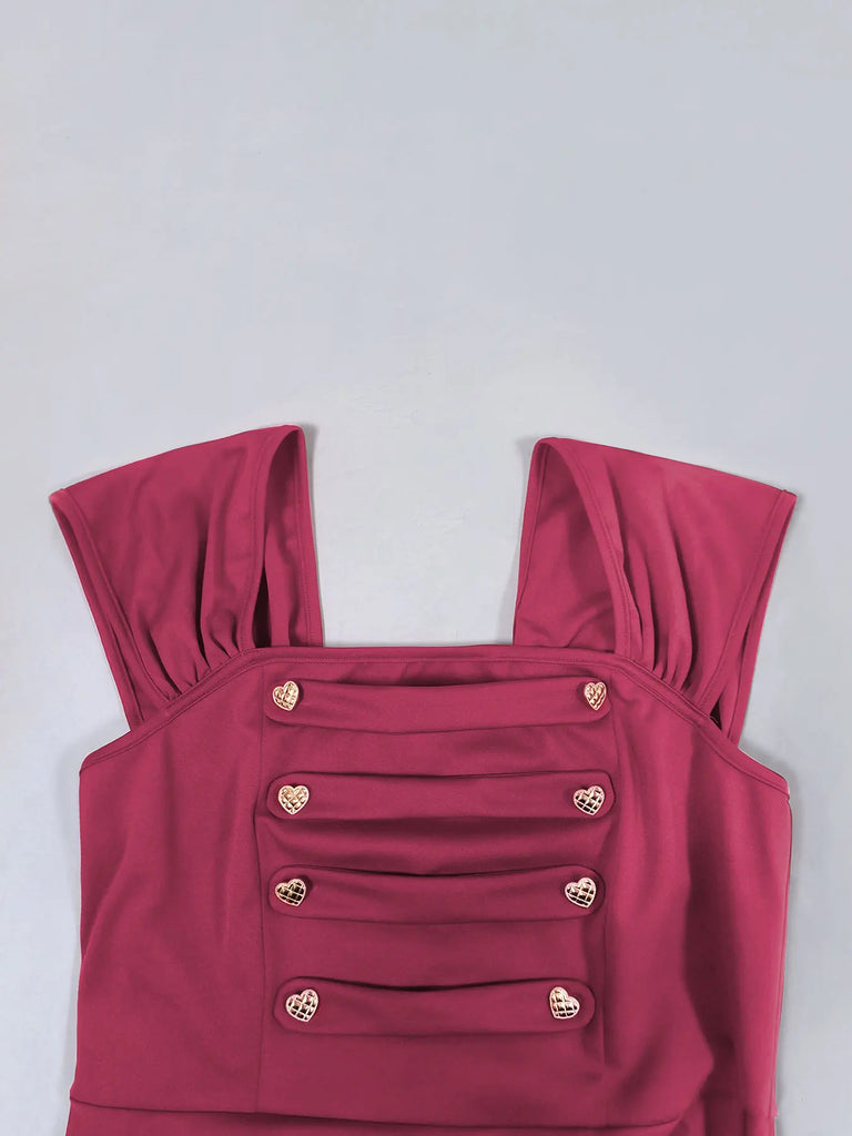 Square Neck Buttons Front High Low Hem Burgundy Dress Elegant Evening Party Women Vintage Style Dresses