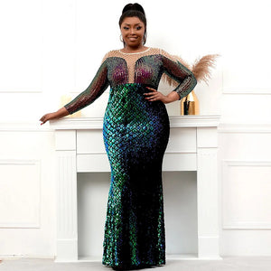 Plus Size Stretch Green Sequin Dress Pearls Full Sleeve See Through Mermaid Evening Night Long Party Maxi Dress