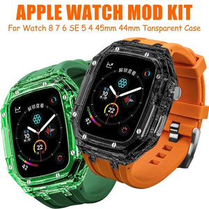 Modification Kit For Apple Watch 45mm 44mm Transparent Case & Silicone Band For iWatch Series 8 7 6 5 4 SE Rubber Sport Strap