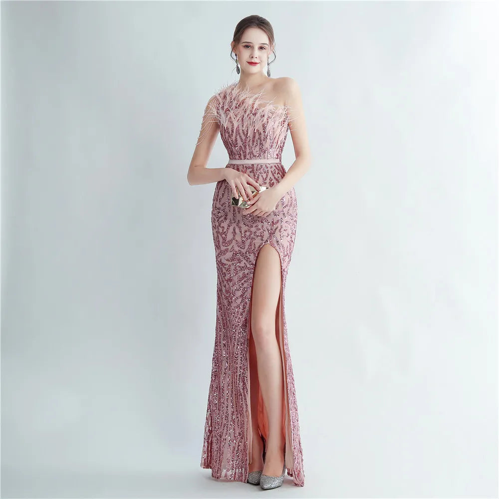 Elegant Slash Neck Feather Sequin Evening Dress Women Beading Long Party Maxi Dress