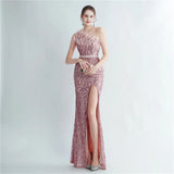 Elegant Slash Neck Feather Sequin Evening Dress Women Beading Long Party Maxi Dress