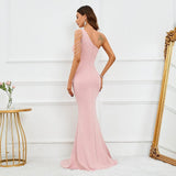 Sexy Slit Women One Shoulder Soft Satin Pleat Beading Long Evening Party Maxi Dress