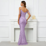 Women Pink Sequin Strap Beading Party Maxi Dress Sexy V Neck Evening Long Prom Dress