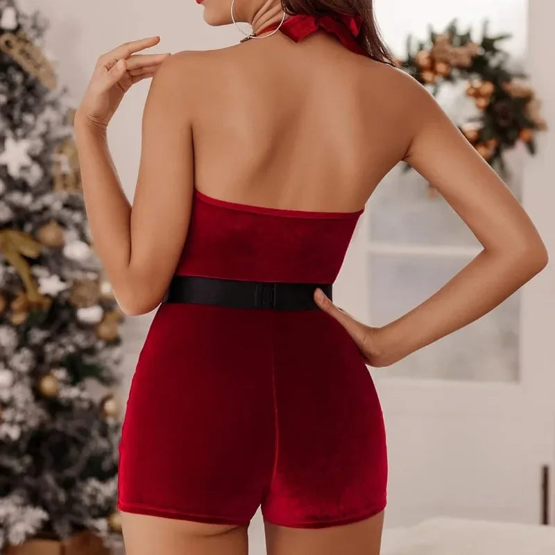 Sexy Naughty Cosplay Christmas Santa Costume Lingerie for Women Velvet Satin Xmas Babydoll Romper Cute Mrs Claus RolePlay Outfit