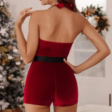 Sexy Naughty Cosplay Christmas Santa Costume Lingerie for Women Velvet Satin Xmas Babydoll Romper Cute Mrs Claus RolePlay Outfit