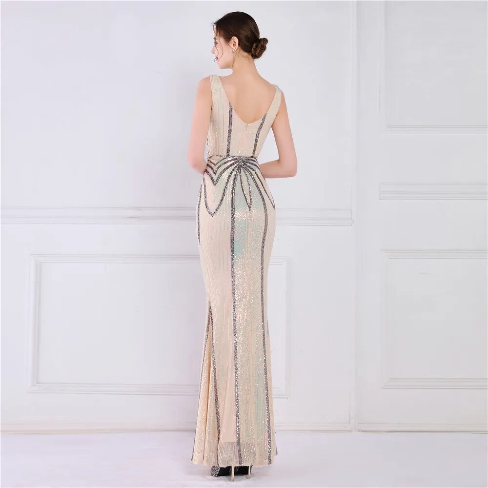 Women Deep V Neck Gold Sequin Dress Long Prom Evening Dress Sexy Party Maxi Dress