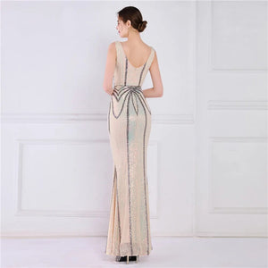 Women Deep V Neck Gold Sequin Dress Long Prom Evening Dress Sexy Party Maxi Dress