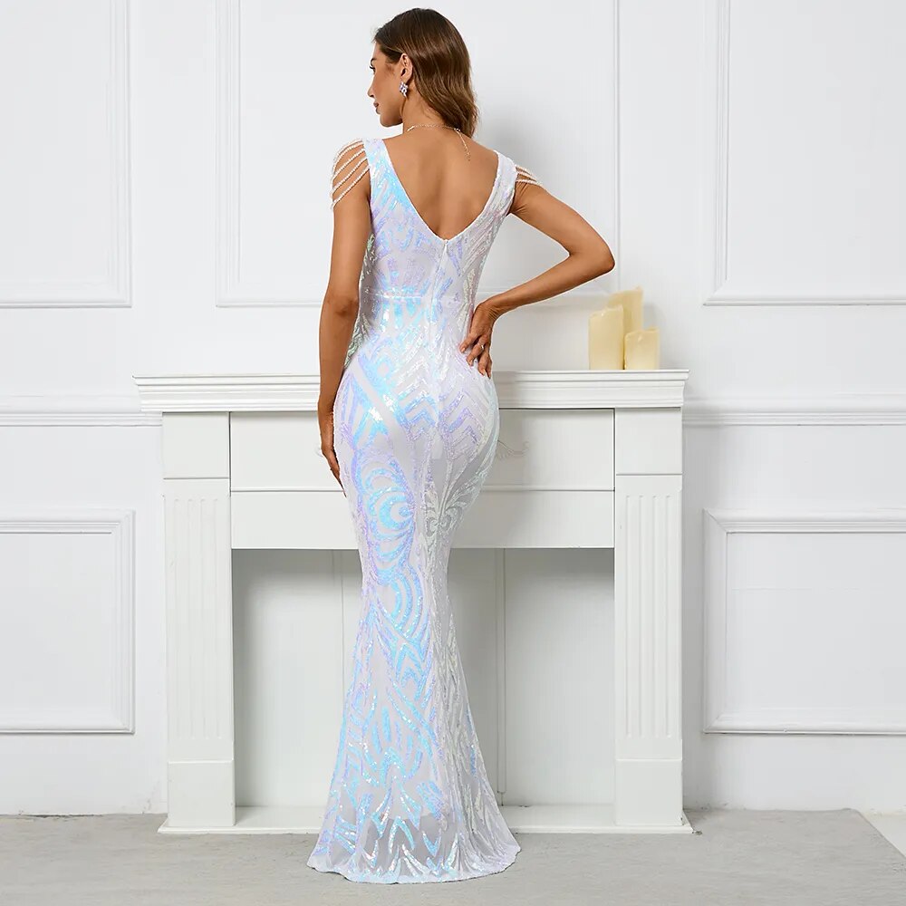 Women Whiite Sequin V Neck Beading Party Maxi Dress Sexy Evening Dress Long Prom Dress