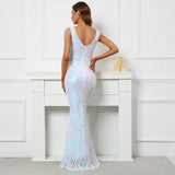 Women Whiite Sequin V Neck Beading Party Maxi Dress Sexy Evening Dress Long Prom Dress