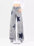 American Retro Y2K Jeans Women Star Raw Edge Splicing Loose Wide Leg Denim Pants Female Blue Embroidery Trousers