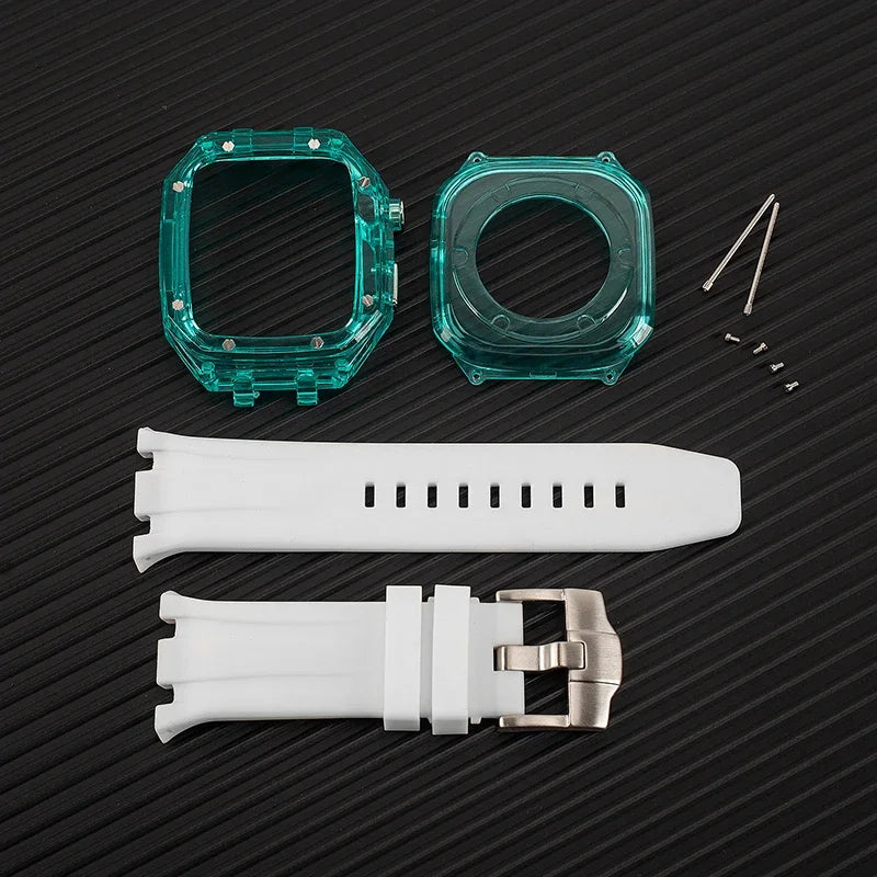 Modification Kit For Apple Watch 45mm 44mm Transparent Case & Silicone Band For iWatch Series 8 7 6 5 4 SE Rubber Sport Strap