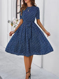 2024 Summer Chiffon Vintage Midi Women's Dress Elegant Polka Dot Print Short Sleeve 1950s 60s Office Party Short Dress with Belt