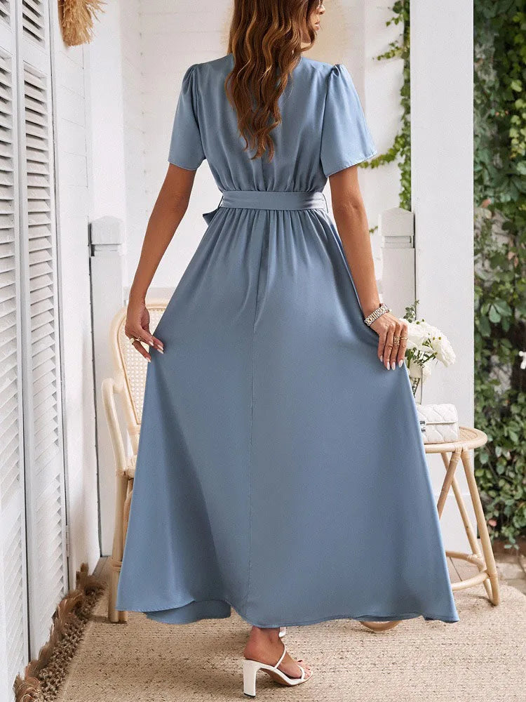 2024 Summer Solid High Split Casual Midi Long Party Dress with Belt Elegant Holiday Beach Birthday Dress for Women