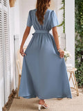 2024 Summer Solid High Split Casual Midi Long Party Dress with Belt Elegant Holiday Beach Birthday Dress for Women