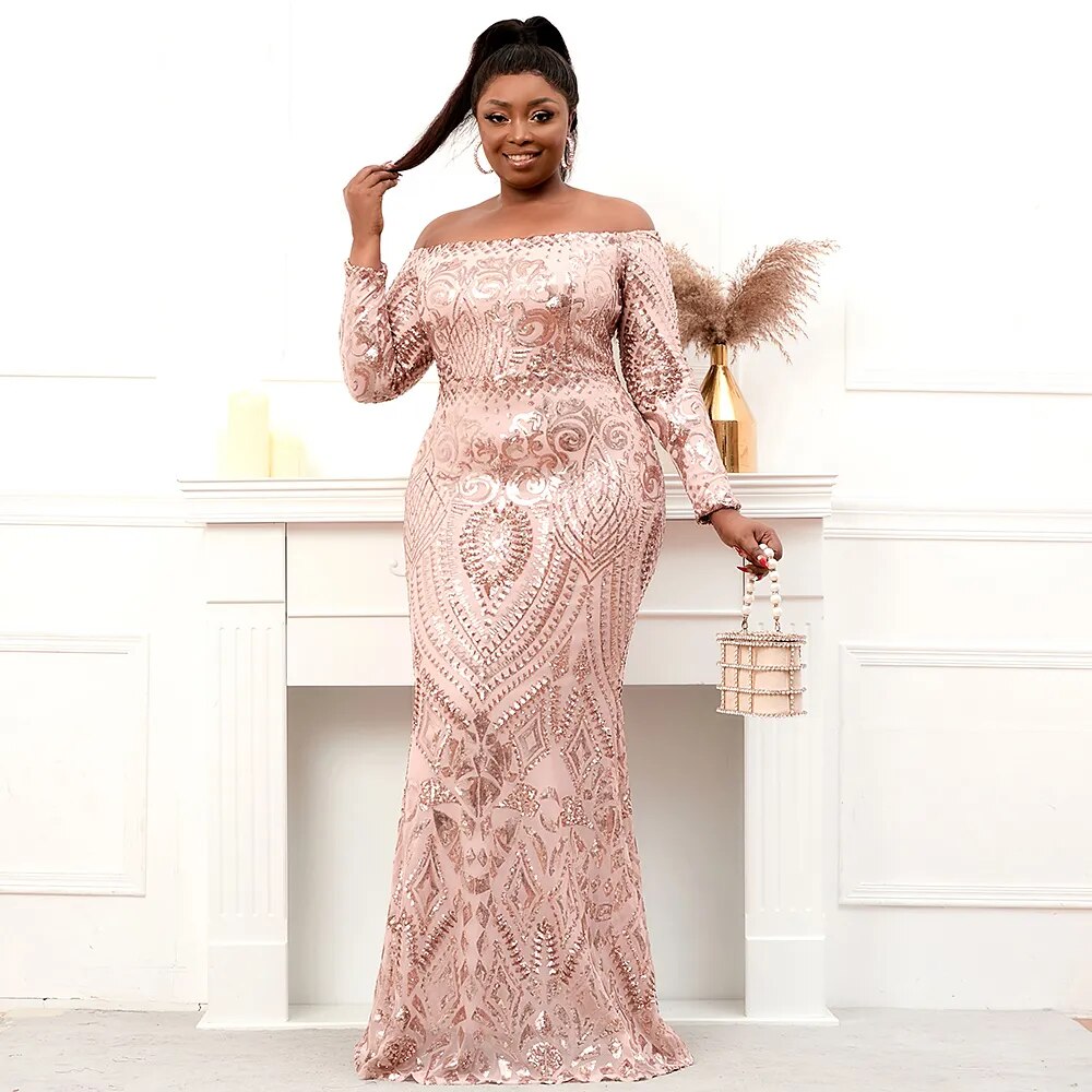 Full Sleeve Stretch Gold Sequin Evening Dress Elegant Off Shoulder Party Maxi Dress Long Prom Dress