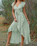 2024 Short Sleeve Summer Bohemian Swing Holiday Women's Dress High Split High Low Elegant Bandage Office Midi Long Party Dresses