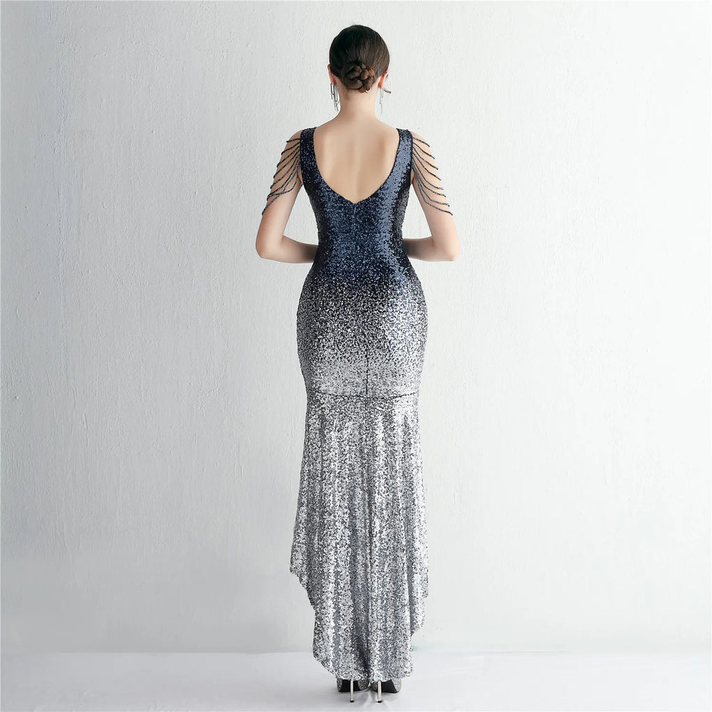 Women Beading Prom V Neck Navy Sequin Evening Sexy Party Maxi Dress