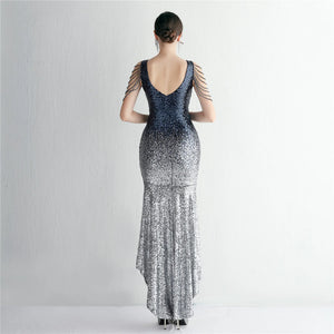 Women Beading Prom V Neck Navy Sequin Evening Sexy Party Maxi Dress