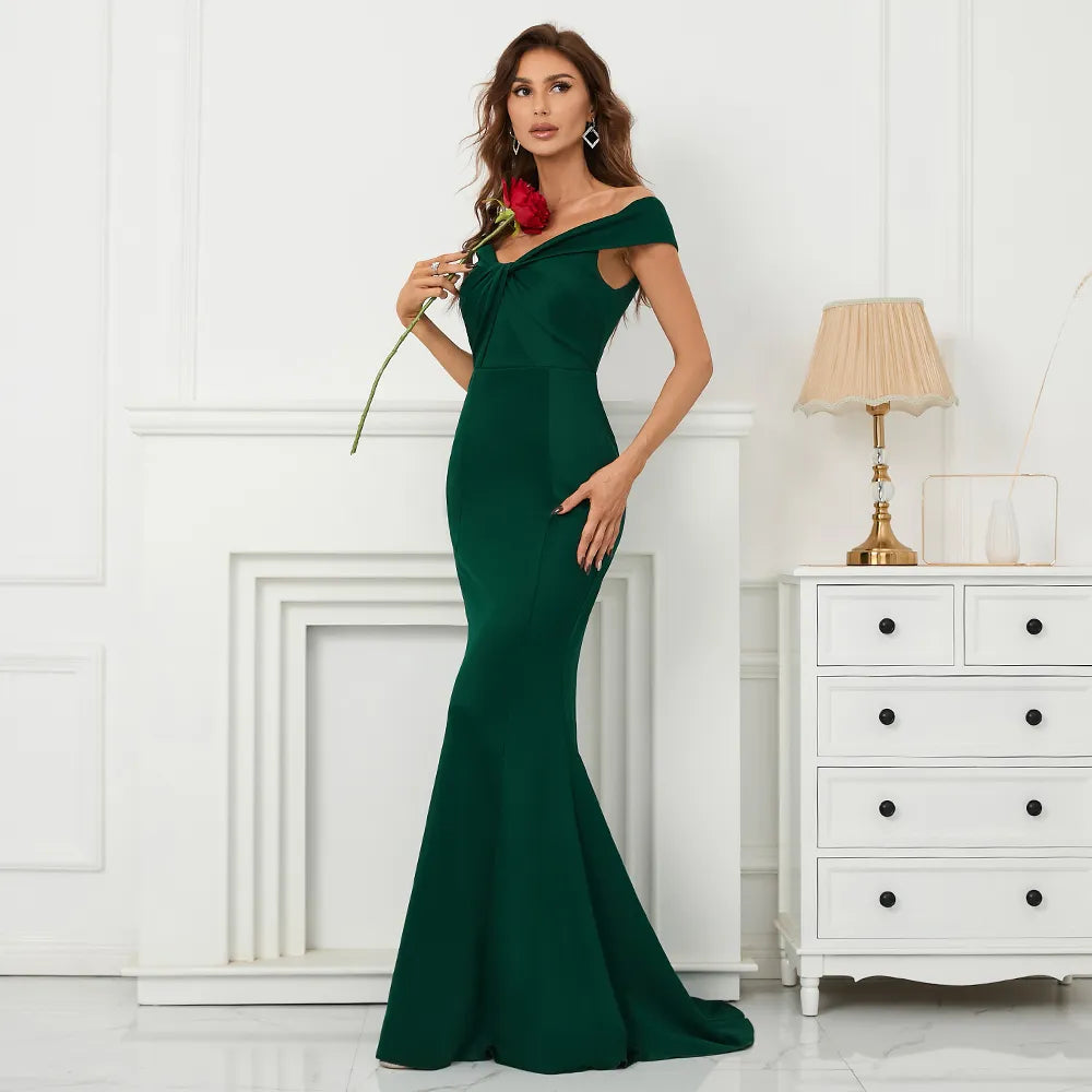 Soft Satin Green Long Evening Elegant Off Shoulder Party Maxi Long Wedding Dress