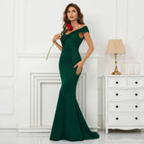 Soft Satin Green Long Evening Dress Elegant Off Shoulder Party Maxi Long Wedding Dress