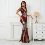 Women Beading Long Evening Dress Sexy V Neck Burgundy Sequin Party Maxi Dress
