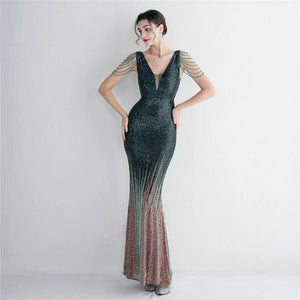 Women Beading Long Prom Dress Deep V Neck Green Sequin Evening Dress Sexy Party Maxi Dress