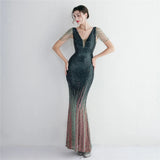 Women Beading Long Prom Dress Deep V Neck Green Sequin Evening Dress Sexy Party Maxi Dress