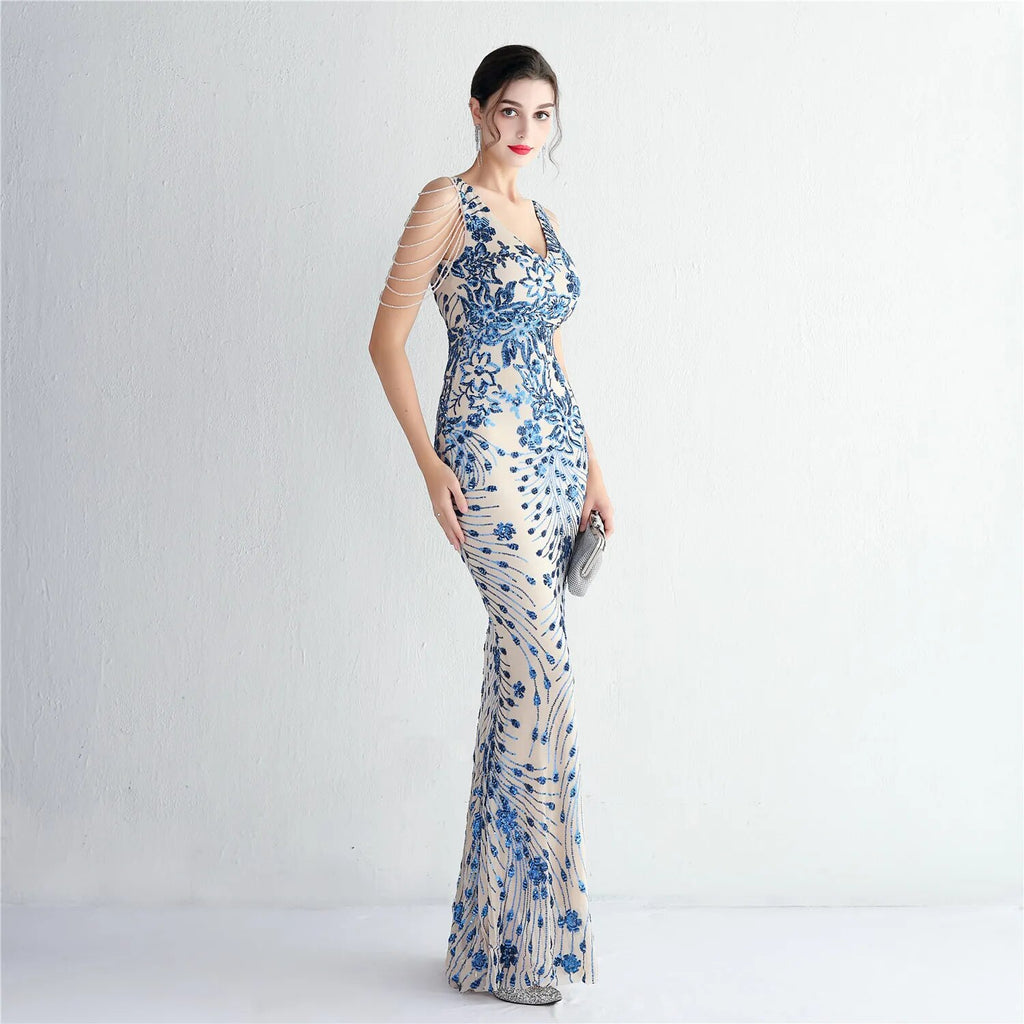 Women Beading Long Prom Dress V Neck Red Sequin Evening Sexy Party Maxi Dress