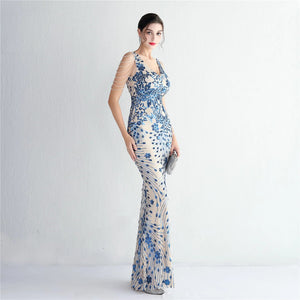 Women Beading Long Prom Dress V Neck Blue Sequin Evening Sexy Party Maxi Dress