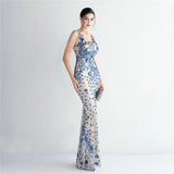 Women Beading Long Prom Dress V Neck Red Sequin Evening Sexy Party Maxi Dress