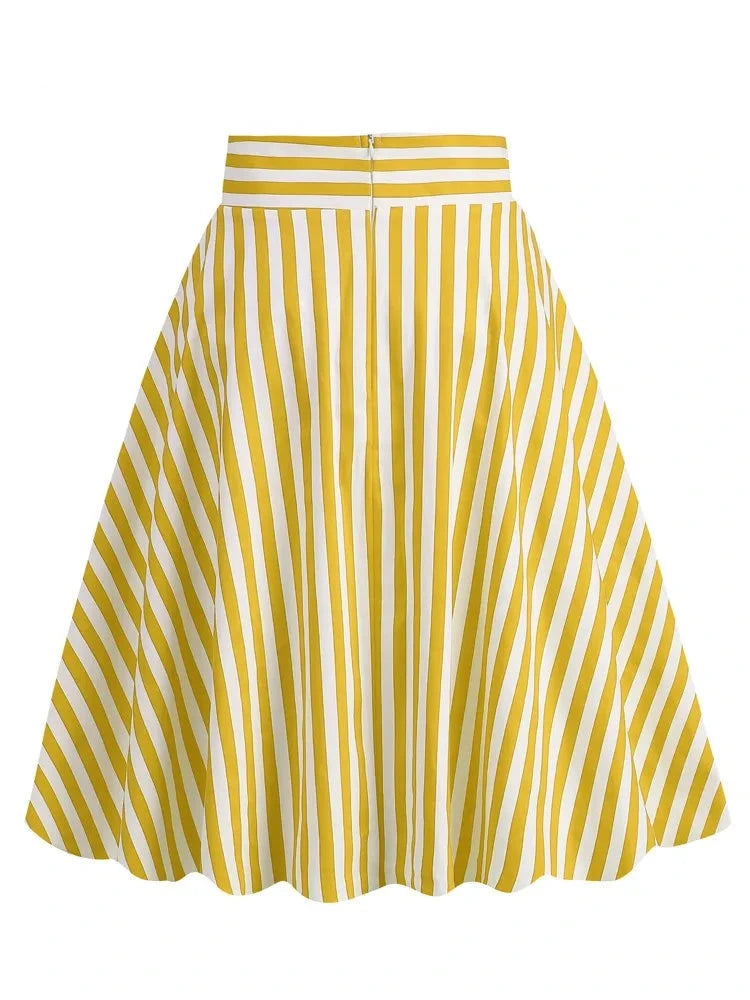 Striped Vintage A Line Skirts for Women 95% Cotton Elegant Summer Midi Swing Retro Skirt