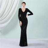 Stretch Sequin Maxi Dress Full Sleeve V Neck Mermaid Stripes Evening Night Long Party Dress