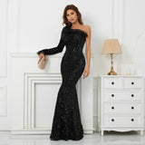 Slash Neck Long Black Sequin Women One Shoulder Party Maxi Sexy Evening Dress