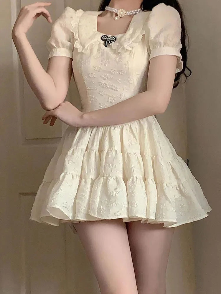 All-match 90's Harajuku Bubble Sleeve Sweet Kawaii Women Bow Lace French Vintage High Waist Mini Dress