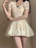 All-match 90's Harajuku Bubble Sleeve Sweet Kawaii Women Bow Lace French Vintage High Waist Mini Dress