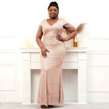 Plus Size V Neck Burgundy Sequin Evening Dress Sexy Party Maxi Dress Women Beading Long Prom Dress