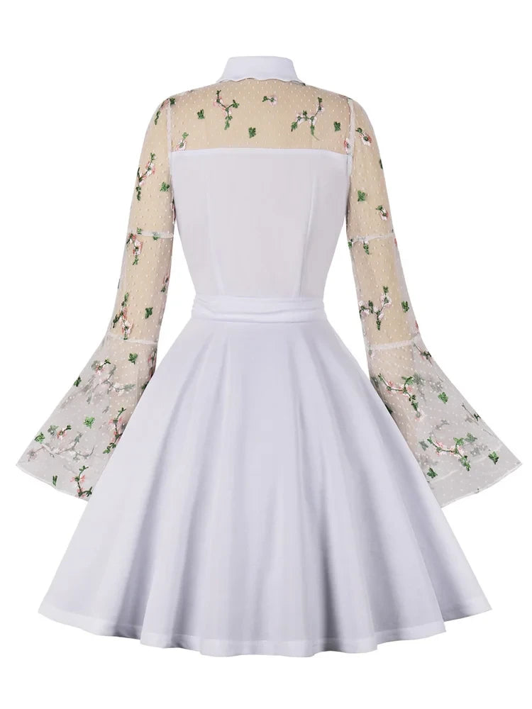 Floral Embroidered Mesh Long Sleeve Vintage Mini Dress Elegant Women Evening Party Spring Ladies Dresses