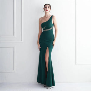 Slash Neck Long Green Women One Shoulder Party Maxi Dress Soft Satin Sexy Slit Evening Dress