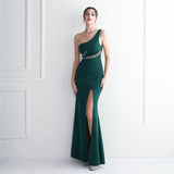 Slash Neck Long Black Women One Shoulder Party Maxi Dress Soft Satin Sexy Slit Evening Dress