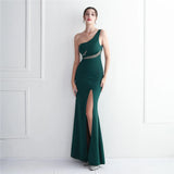 Slash Neck Long Green Women One Shoulder Party Maxi Dress Soft Satin Sexy Slit Evening Dress