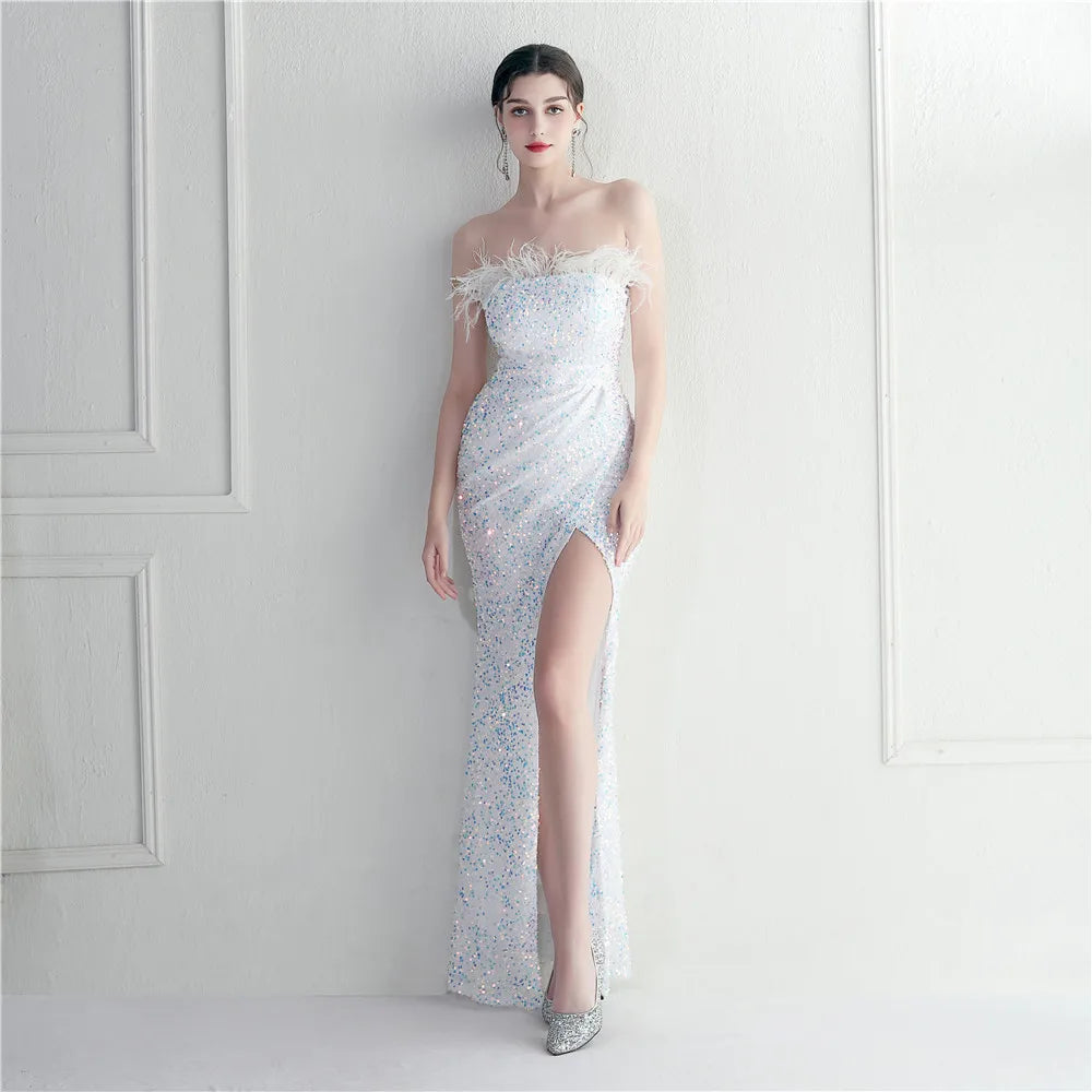 Off Shoulder Feather Long Sexy Slit Sequin Dress Floor Length Green Color Evening Party Maxi Celebrity Dress