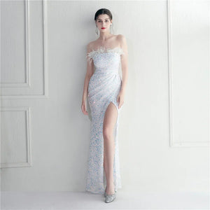 Off Shoulder Feather Long Sexy Slit Sequin Dress Floor Length Green Color Evening Party Maxi Celebrity Dress
