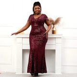 Plus Size V Neck Burgundy Sequin Evening Dress Sexy Party Maxi Dress Women Beading Long Prom Dress