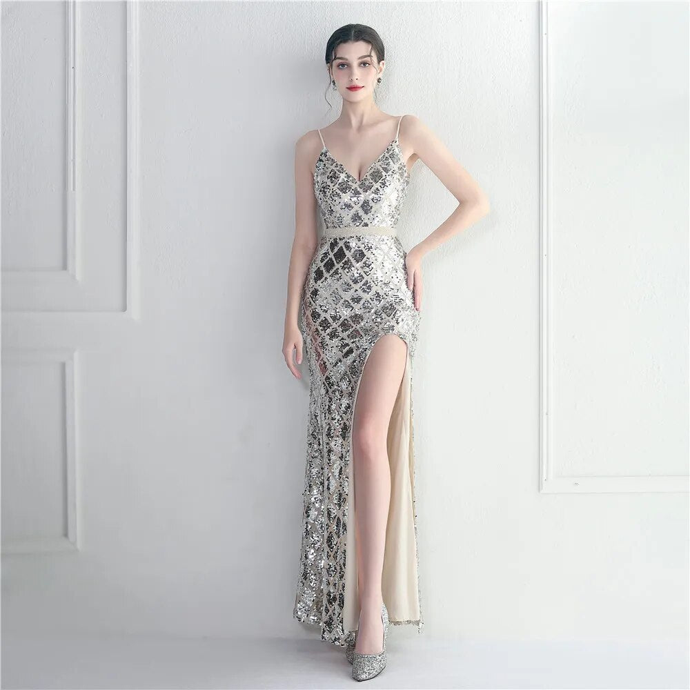 Women Green Sequin Strap Beading Party Maxi Dress Sexy Slit Evening Dress Long Prom Dress