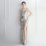 Women Green Sequin Strap Beading Party Maxi Dress Sexy Slit Evening Dress Long Prom Dress