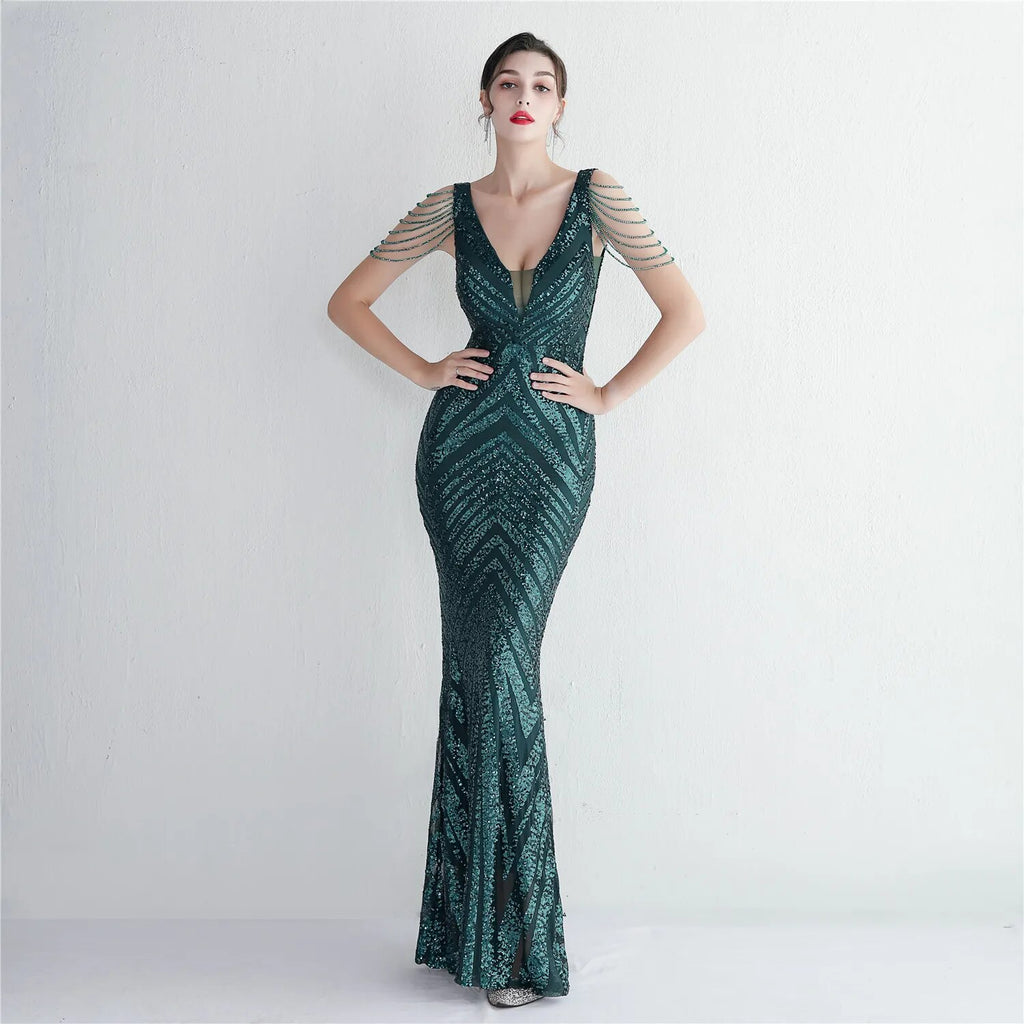 Women Beading Long Prom Deep V Neck Black Sequin Evening Dress Sexy Party Maxi Dress