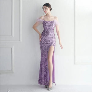 Sexy Slit Long Sequin Evening Dresses Luxury Feather Stretch Sleeveless Cocktail Party Prom Dress