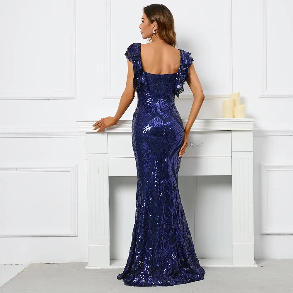 Stretch V Neck Blue Sequin Evening Dress Mermaid Long Party Maxi Prom Dress