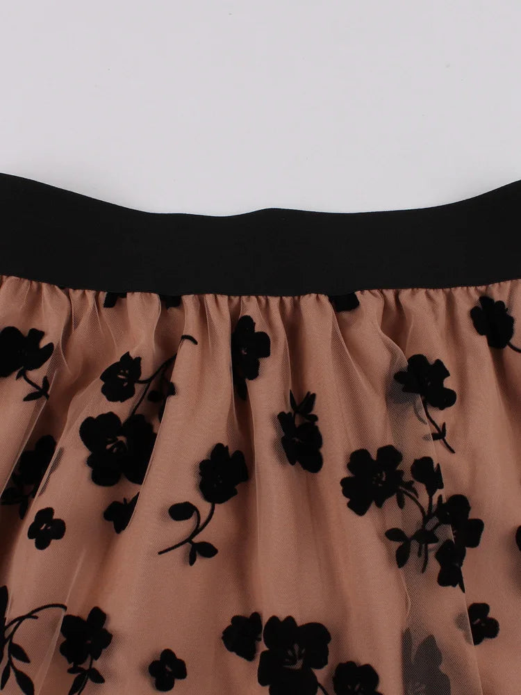 Vintage Floral Flocking Mesh Long Skirt for Women Elastic Waist Elegant Summer Pleated Flare Skirts