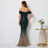 Women Elegant Boat Neck Party Maxi Dress Off Shoulder Green Sequin Evening Long Prom Dress